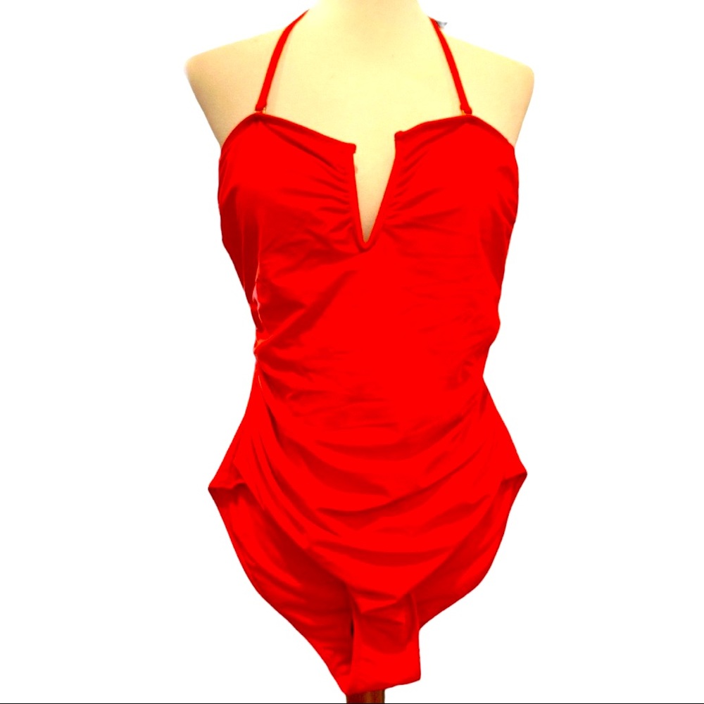 NICOLE MILLER new one piece stylish neckline  orange swimsuit Sz L